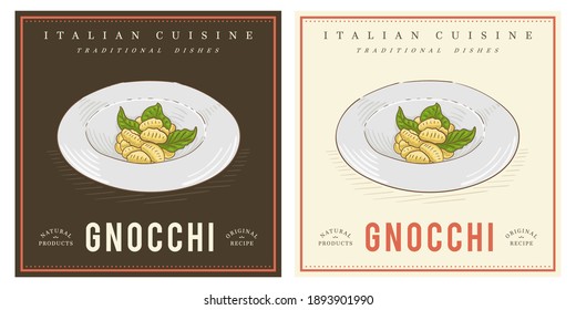 Gnocchi Pasta On Plate Vintage Illustration