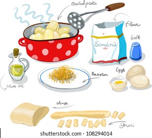 Gnocchi is a traditional Italian dish. Tasty and substantial main dish of potatoes and flour. Gnocchi cook in boiling salted water and serve hot, sprinkled with Parmesan cheese on top and with oil.