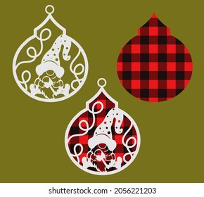 Gnom with ice cream on christmas tree toy with red and black plaid background