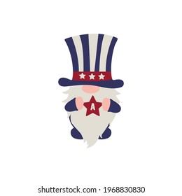 Gnome for 4th of July American Flag, Patriotic Day in USA flat cartoon character in hat with USA flag colours stars, vector illustration, Independence Day gnome, July patriotic celebration party 