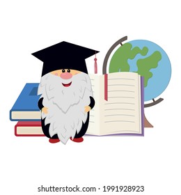 a gnome in an academic cap on the background of a globe and books, vector isolated illustration in the flat style