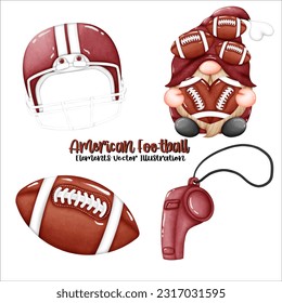 Gnome American Football Ball Helmet Whistle Element Watercolor Vector File ,Clipart Cute cartoon vintage-Retro style For banner, poster, card, t shirt, sticker