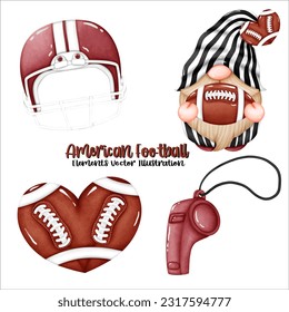 Gnome American Football Ball Helmet Whistle Element Watercolor Vector File ,Clipart Cute cartoon vintage-Retro style For banner, poster, card, t shirt, sticker