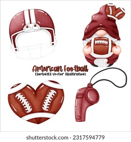 Gnome American Football Ball Helmet Whistle Element Watercolor Vector File ,Clipart Cute cartoon vintage-Retro style For banner, poster, card, t shirt, sticker