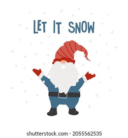 Gnome with arms up, text Let It Snow, abstract snowflakes. Winter happy dwarf in red striped hat, blue costume. Cute myth character. Greeting card, decoration, print. Vector illustration.