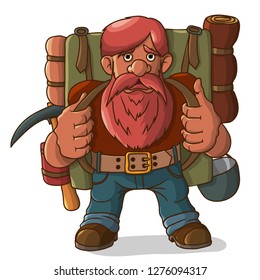 Gnome with a backpack and ammunition. Ready for a hike and adventure. Vector illustration.