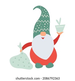 Gnome with bag and gift box. Colored flat vector illustration of fairytale character isolated on white background. Seasonal greetings design template, for Merry Christmas and Happy New Year card.
