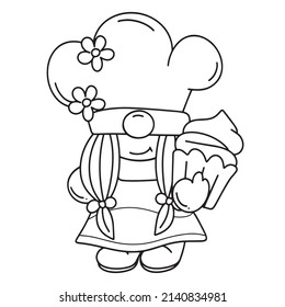 Gnome bakery doodle, Gnome chef holding a cupcake, hand-drawn, Bakery gnome coloring page.