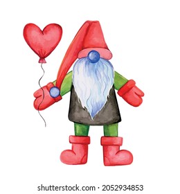 Gnome with a ball in the shape of a heart. Valentines Day Gnome.Hand drawn watercolor illustration