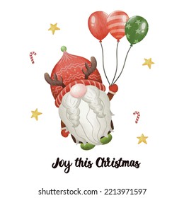 Gnome and balloons. Let's enjoy Christmas. Banner Christmas. Watercolor Vector illustration. Seasonal Christmas flat design. For poster, print, menu design, greeting card