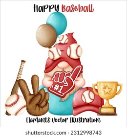 Gnome Baseball Coffee mug Trophy cheer Element Watercolor Vector File ,Clipart cartoon vintage-Retro style For banner, poster, card, t shirt, sticker