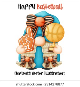 Gnome Basketball Trophy cheer Element Watercolor Vector File ,Clipart cartoon vintage-Retro style For banner, poster, card, t shirt, sticker