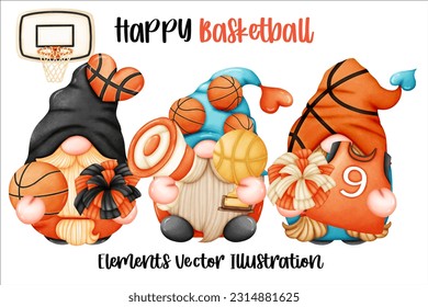 Gnome Basketball Trophy cheer Element Watercolor Vector File ,Clipart cartoon vintage-Retro style For banner, poster, card, t shirt, sticker