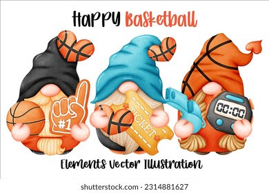 Gnome Basketball Trophy cheer Element Watercolor Vector File ,Clipart cartoon vintage-Retro style For banner, poster, card, t shirt, sticker