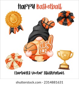 Gnome Basketball Trophy cheer Element Watercolor Vector File ,Clipart cartoon vintage-Retro style For banner, poster, card, t shirt, sticker
