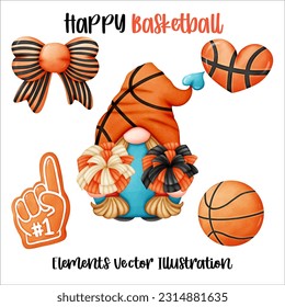 Gnome Basketball Trophy cheer Element Watercolor Vector File ,Clipart cartoon vintage-Retro style For banner, poster, card, t shirt, sticker