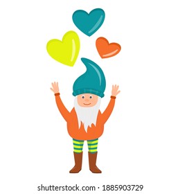 A gnome with a beard catches hearts for Valentines Day in cartoon style isolated on a white background. A fabulous little character for Valentines and postcards.