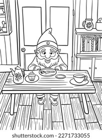 A gnome with a beard sits at the table and eats. Vector coloring book for children. Rustic interior