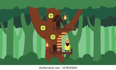 Gnome with a beard stands near the house in the tree