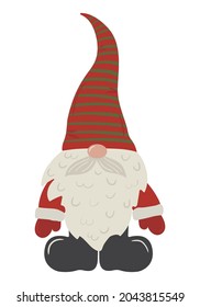 Gnome with beard wearing big cap. Symbol of christmas. Traditional winter holiday fairy character. Hand drawn vector illustration