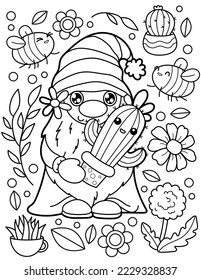 Gnome with bees, flowers in pots, cacti. Coloring book for children. Gnome coloring book. Black and white vector illustration.