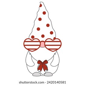 gnome with big glasses in the shape of hearts, Valentine's Day illustration