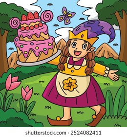 Gnome com um Desenho Animado Colorido de Bolo de Aniversário 