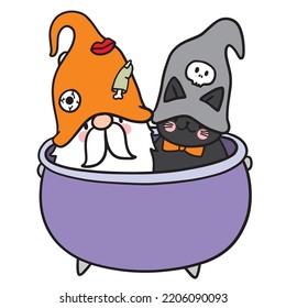 Gnome and black cat Halloween, Cute cartoon character vector.