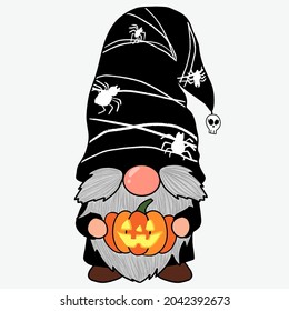 Gnome in Black Halloween Costume with Pumpkin
