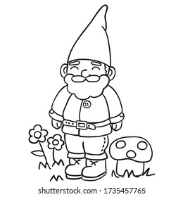 Gnome black outline freehand drawing, Garden dwarf sketch with flowers and mushroom illustration, coloring page image