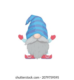 Eine Gnome in blauer Kleidung mit einem Bart und einem gestreiften Hut. Weihnachtsbrust für Jungen, Clipart