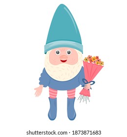 Gnome with a bouquet of flowers in front of it, isolated on a white background. Gnome gives a bouquet for Valentine s Day. Vector illustration for greeting cards and Valentines.