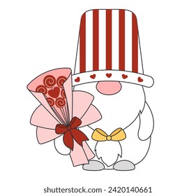 gnome with a bouquet of flowers, Valentine's Day illustration