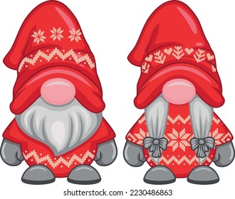 Gnome boy and gnome girl in red clothes isolated on white background. Gnome clipart.