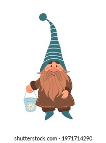 Gnome with bucket. Garden hand drawn cartoon male character in costume and hat. Cute magic fairy tale standing dwarf, fantasy decor element. Vector isolated on white illustration