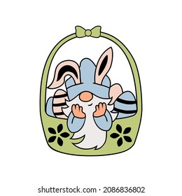 Gnome with bunny ears and eggs in the basket. Design element isolated on white background. Vector illustration.