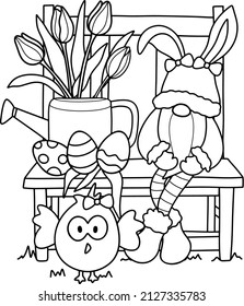 Gnome with bunny ears sitting next to a watering can, easter eggs, little chicken, tulip flower,  cute illustration for kids coloring book