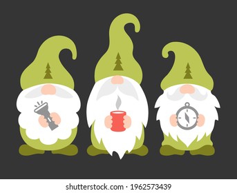 Gnome campers. Colorful vector illustration. Forest gnomes scouts or rangers with compass, lantern, mug. Travel symbol, cute family emblem for vacation.