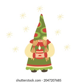 Gnome con una vela. Ilustración vectorial aislada en blanco. Colores rojo, amarillo y verde.  Genial para las tarjetas de Navidad.