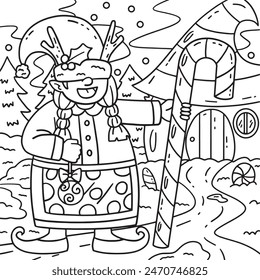 Gnome with Candy Cane Coloring Page for Kids