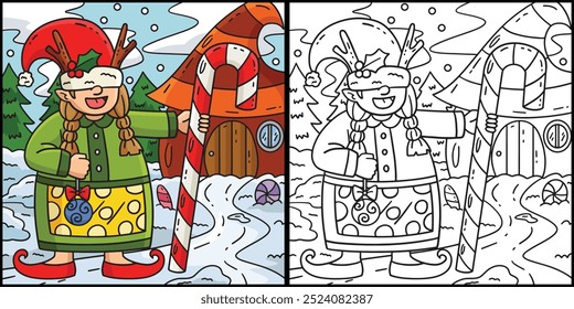 Gnome com Candy Cane Coloring Page Illustration