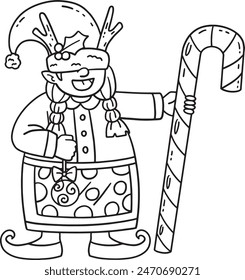 Gnome with Candy Cane Isolated Coloring Page 