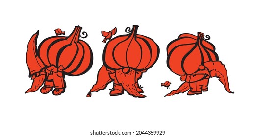 The gnome carries a pumpkin hand drawing. Silhouette with gnomes and pumpkin for autumn celebrations. Vector silhouette with cute gnomes holding huge pumpkins.

