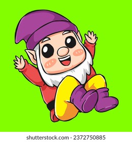 gnome cartoon character with happy expression. dwarf in a jumping pose. line drawing and colored. vector illustration.