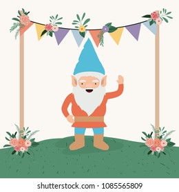 gnome character in the garden with label wooden