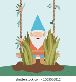 gnome character in the garden with label wooden