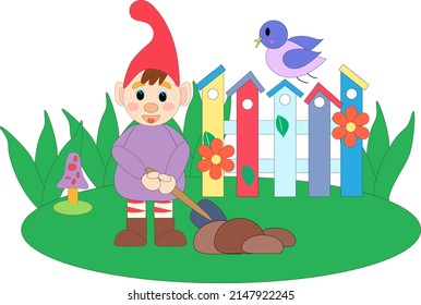 Gnome character. Gnome with a shovel, a bird sits on a fence. Vector cartoon illustration.
