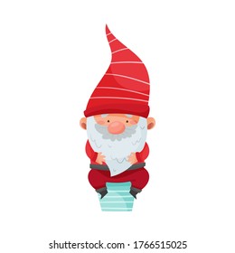 Gnome Character with White Beard and Red Pointed Hat Sitting on Chimney Vector Illustration