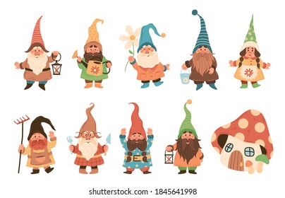 Gnome characters. Cute festive dwarfs with different attributes decoration yard collection, funny xmas fairy tale gnomes with lanterns and garden tools in hats colorful cartoon vector isolated set