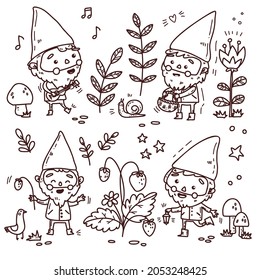 Gnome characters. Cute gnomes with nice elements. Cartoon vector set. 